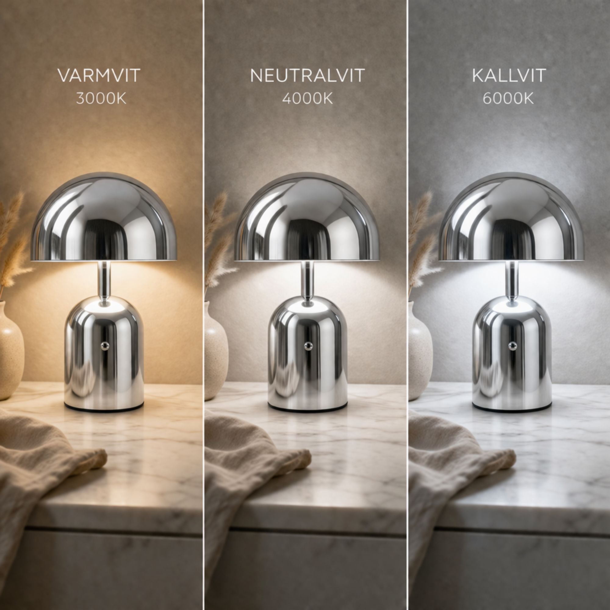 Portabel svamplampa i silver LED bordslampa med tre ljuslägen varmvit 3000K, neutralvit 4000K och kallvit 6000K