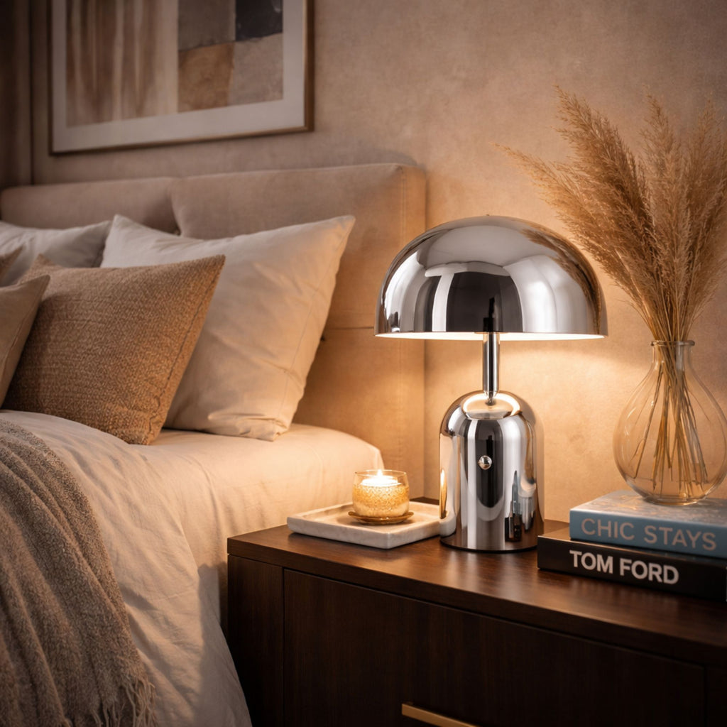 Portabel svamplampa i silver LED bordslampa på nattduksbord i sovrum med varm stämningsbelysning och elegant inredning