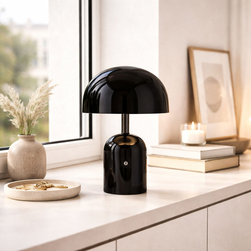 Portabel svamplampa i svart LED bordslampa placerad vid fönster på skåp med stilren inredning och varm stämningsbelysning
