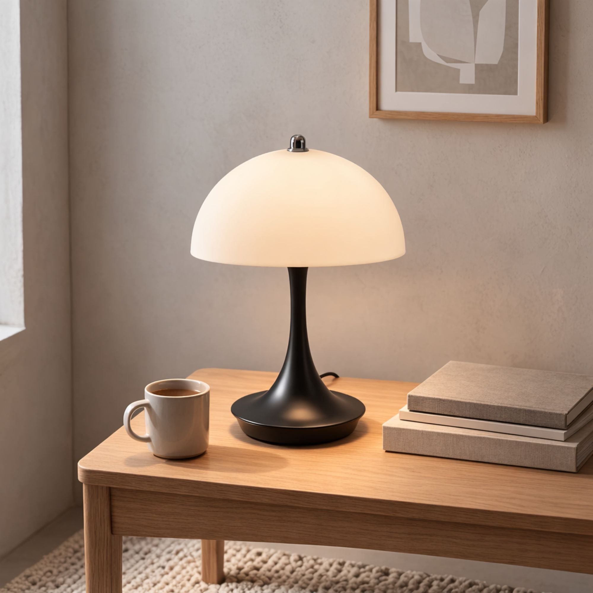 Portabel svart LED bordslampa i svampdesign på träbord i modern interiör