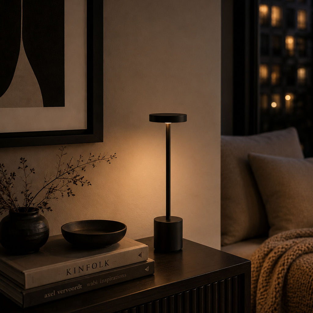 Svart uppladdningsbar LED-bordslampa i ett skandinaviskt vardagsrum med varm kvällsbelysning, böcker och modern minimalistisk inredning.