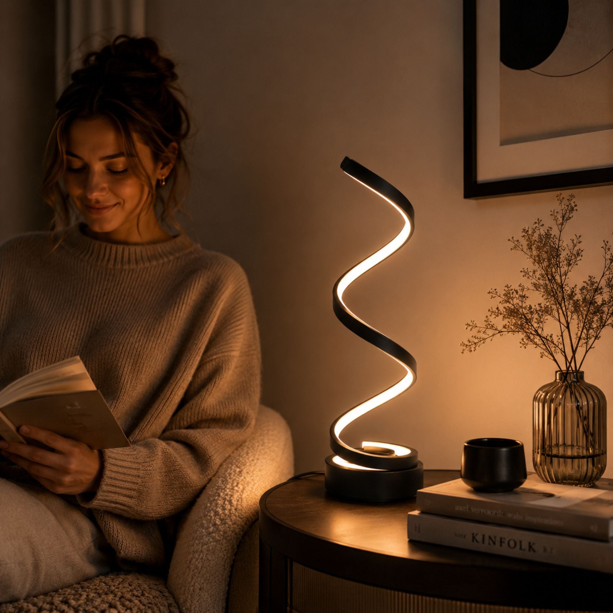 Modern svart spiralformad LED-bordslampa med varm stämningsfull belysning bredvid en kvinna som läser i en mysig och stilren kvällsmiljö med skandinavisk heminredning.