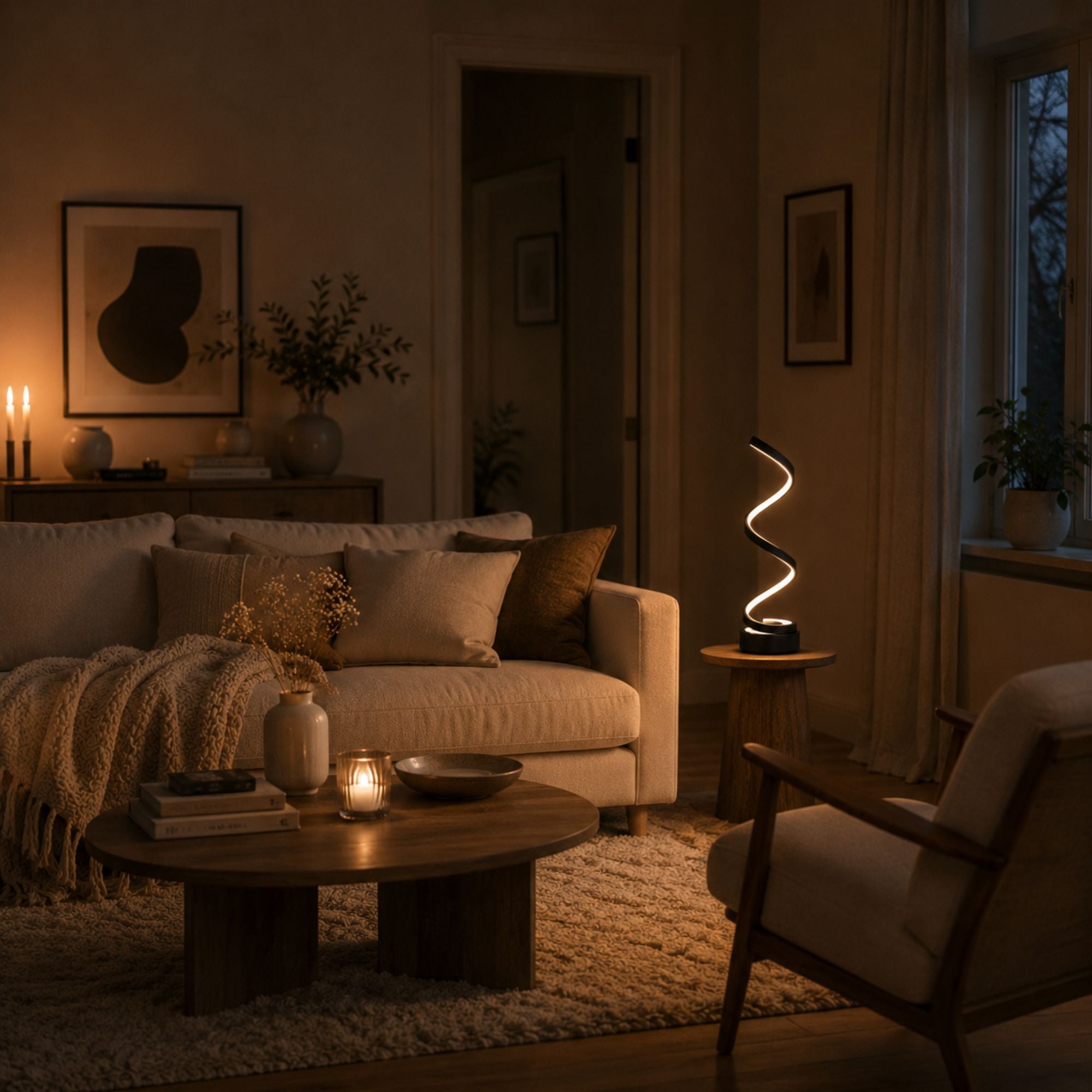 Modern svart spiralformad LED-bordslampa med varm stämningsfull belysning i ett Pinterest-inspirerat vardagsrum med mjuka textilier, trädetaljer och mysig kvällsatmosfär.