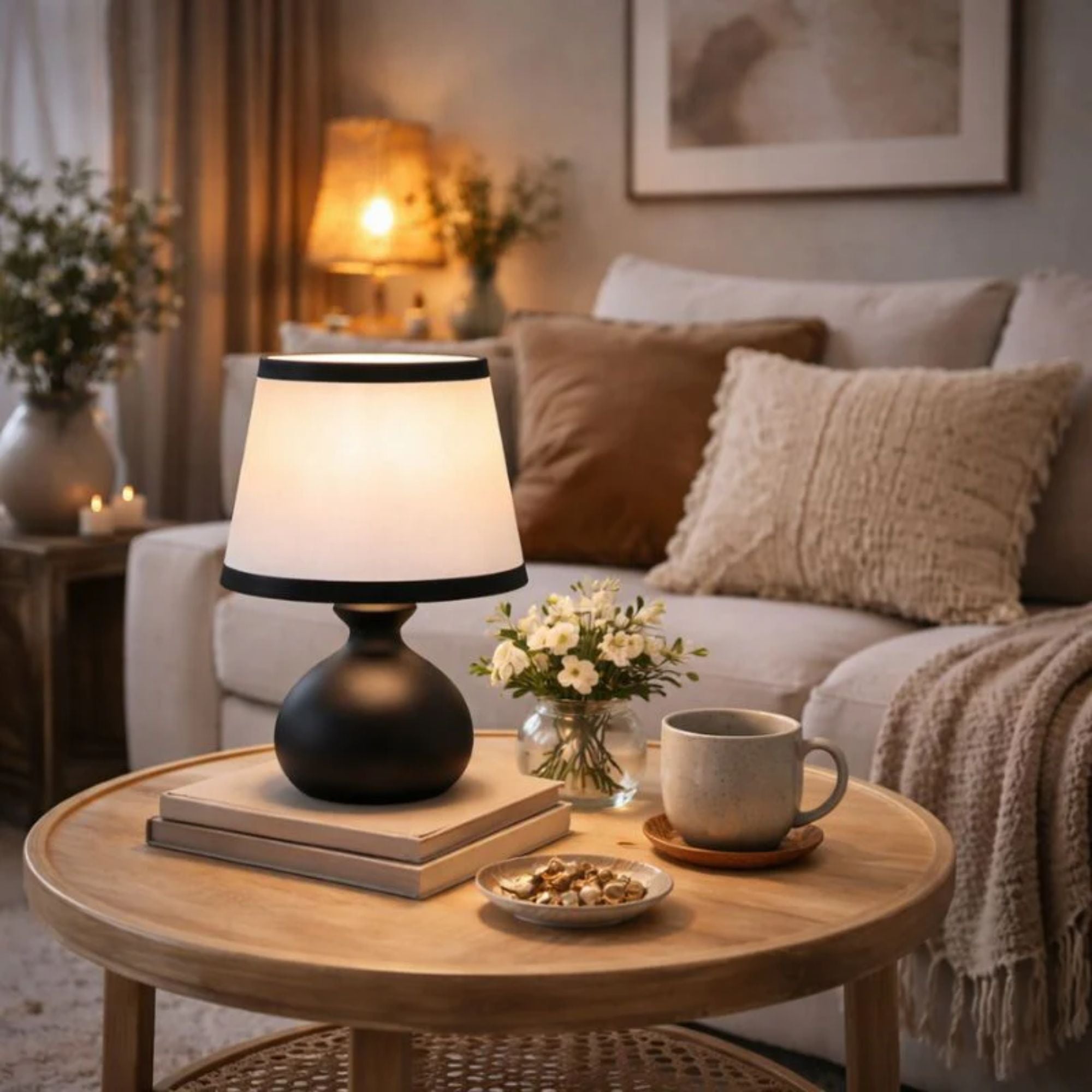 Elegant svart bordslampa med vit skärm placerad på soffbord i mysigt vardagsrum med varm belysning