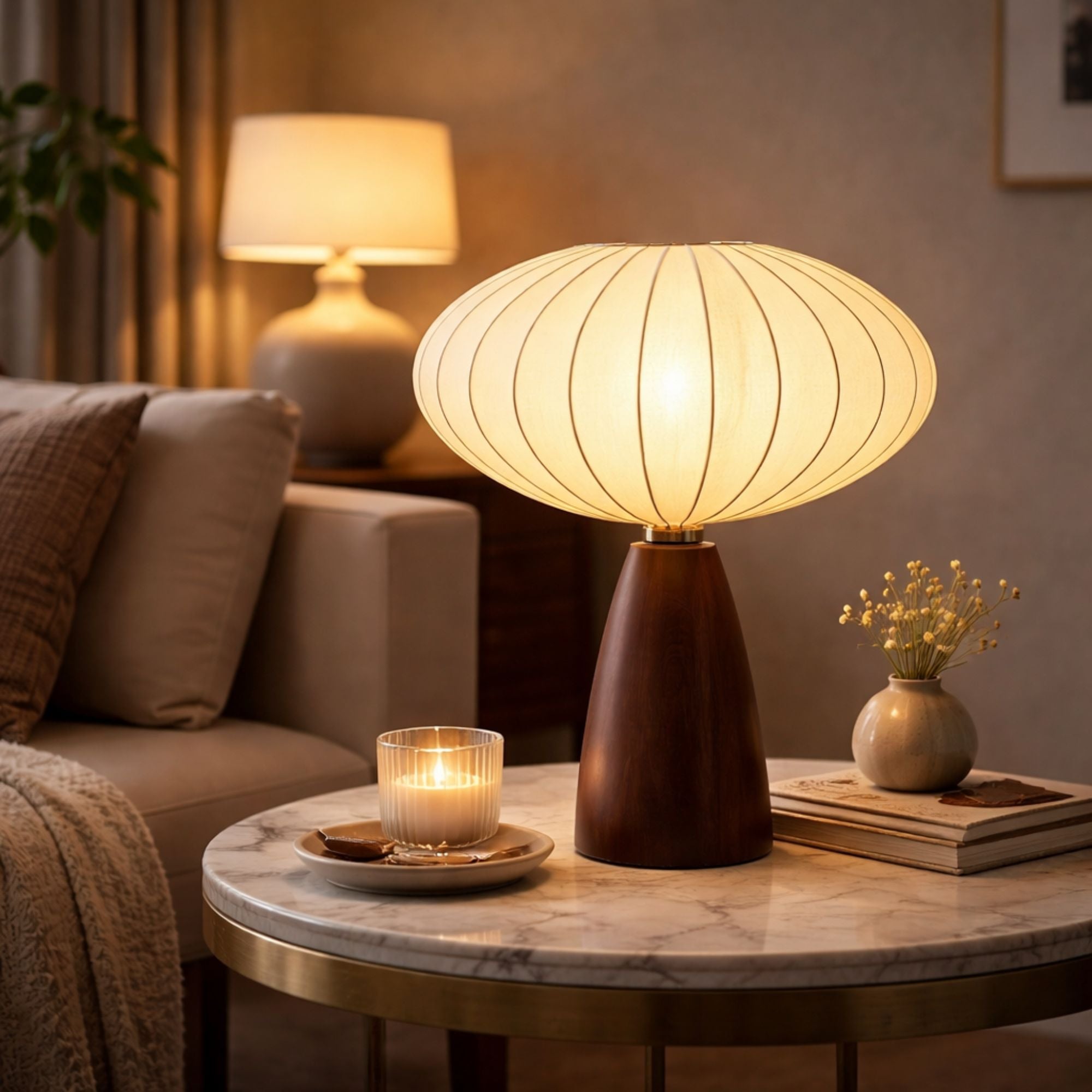 Modern bordslampa i trä med dekorativ skärm som sprider varmt ljus – perfekt stämningsbelysning i vardagsrum