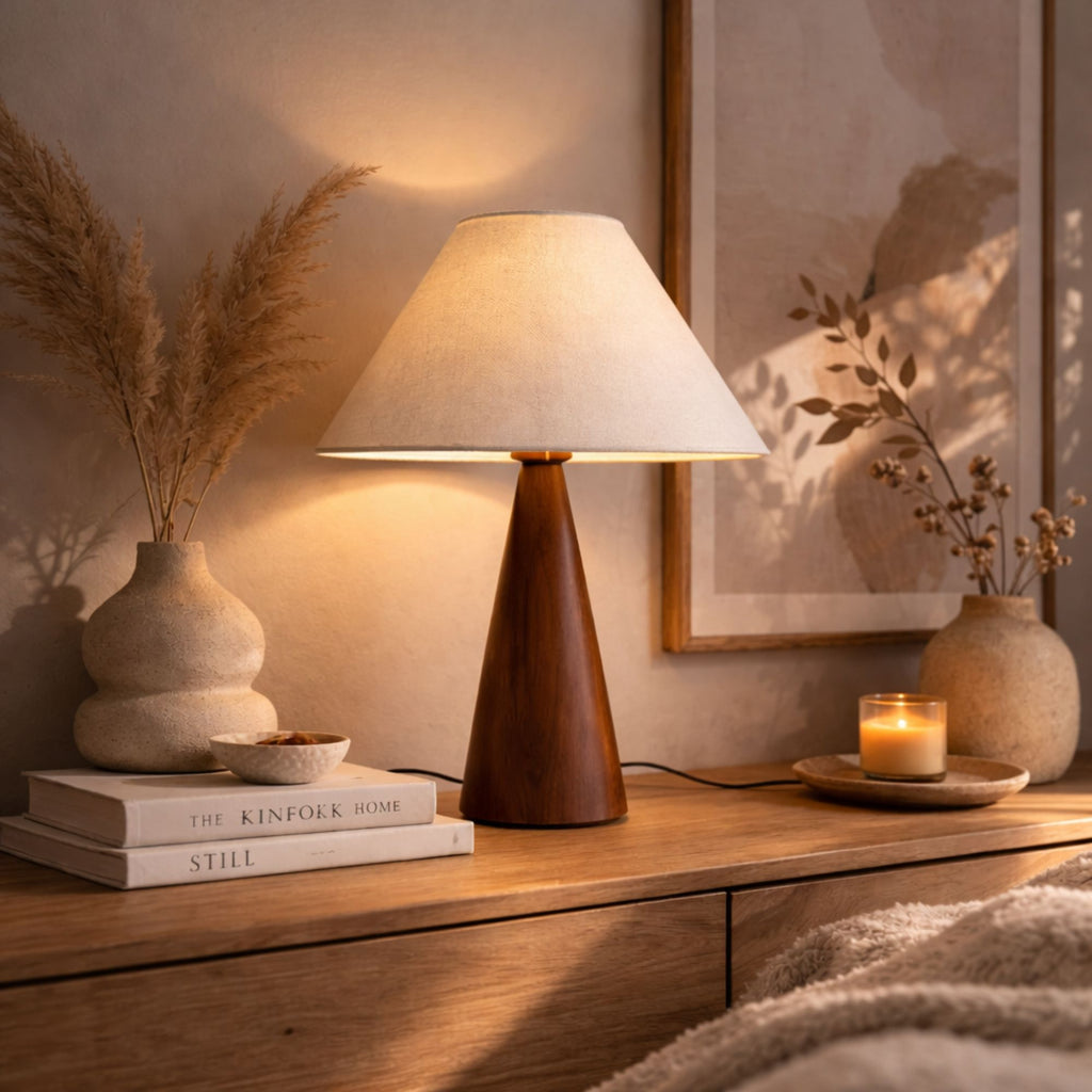 Bordslampa med träfot och beige linneskärm på byrå i mysigt sovrum med varm stämningsbelysning och naturlig inredning