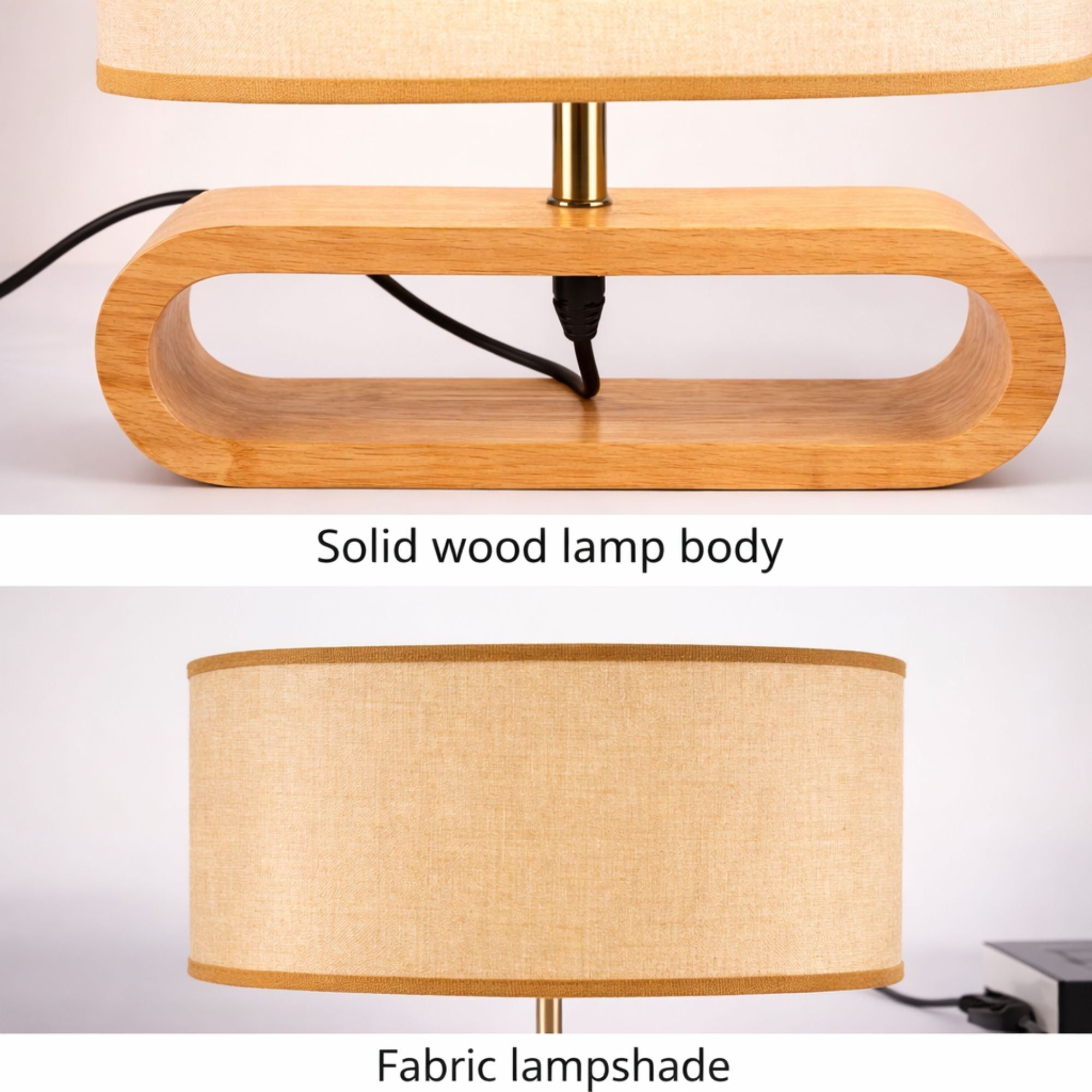 bordslampa i trä med oval bas och tygskärm i detaljbild som visar material och hög kvalitet i trä och textil