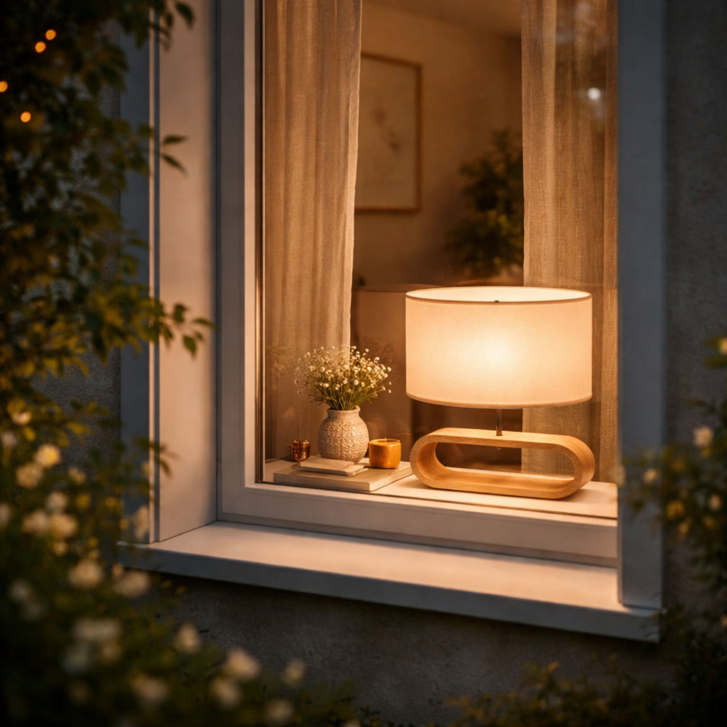bordslampa i trä med oval bas och tygskärm som lyser i fönster sedd utifrån på kvällen