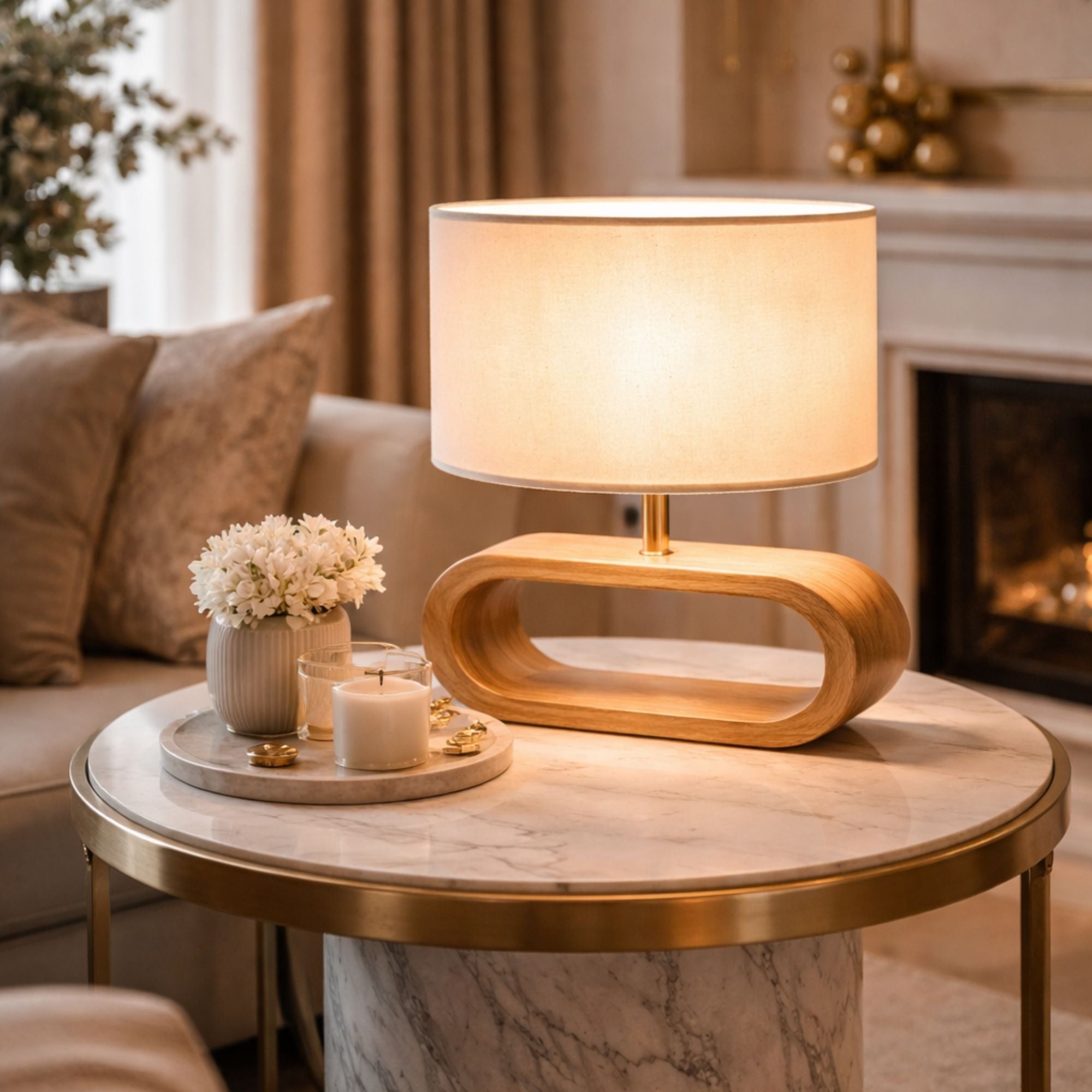 bordslampa i trä med oval bas och tygskärm placerad i lyxigt vardagsrum med varm och elegant belysning