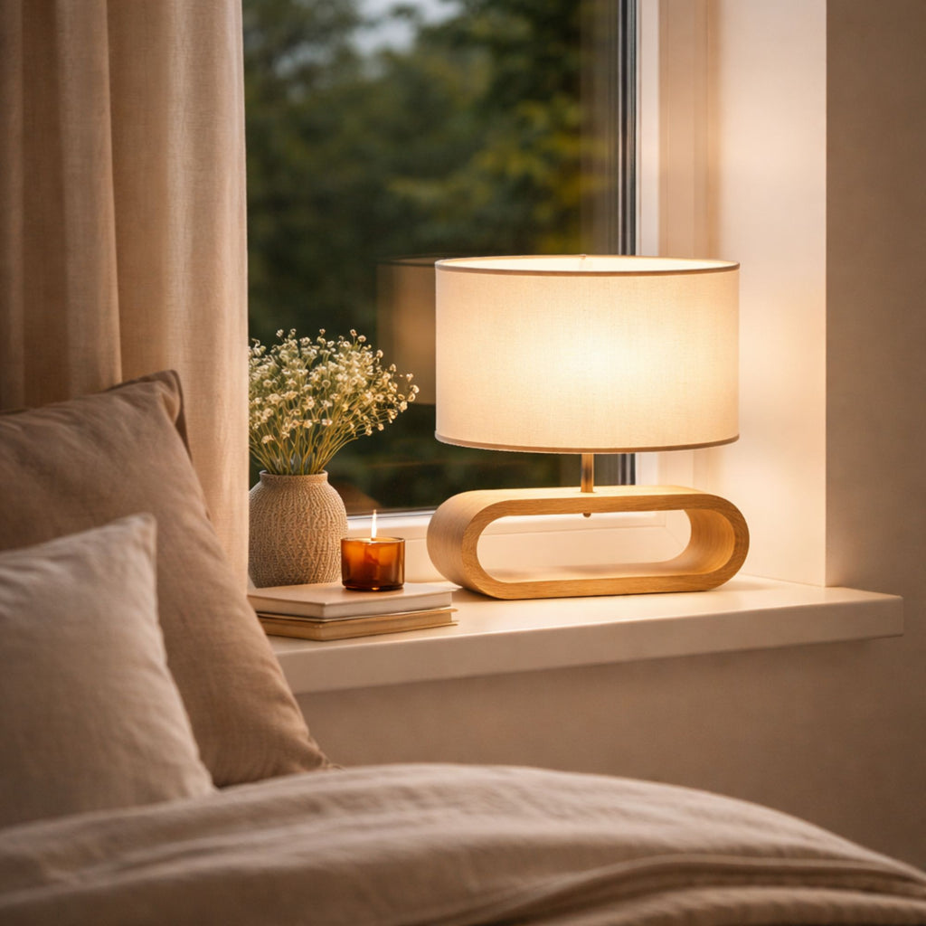bordslampa i trä med oval bas och tygskärm placerad i sovrumsfönster som ger ett varmt och stämningsfullt ljus