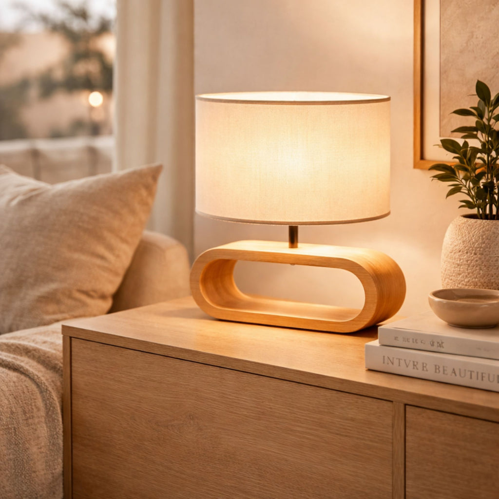 bordslampa i trä med oval bas och tygskärm placerad i vardagsrum som ger ett varmt och mysigt ljus i modern inredning