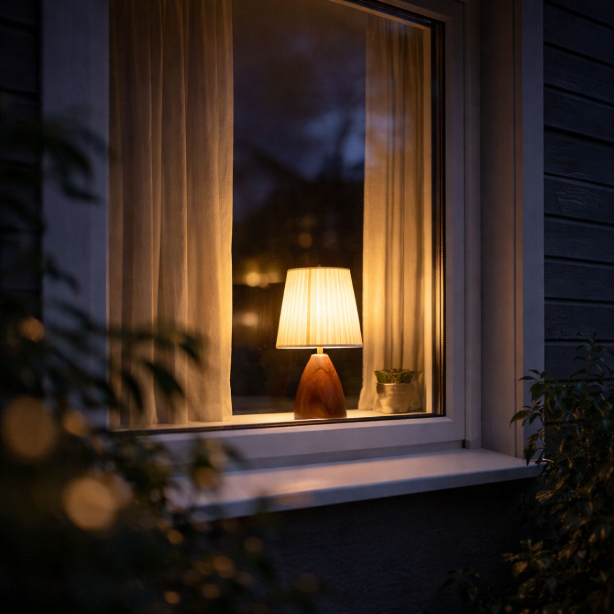 bordslampa i trä med tygskärm som lyser i fönster sedd utifrån på kvällen