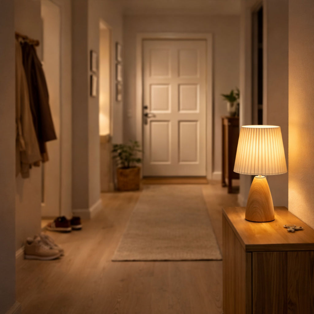 bordslampa i ljust trä med tygskärm placerad i hall på avstånd som ger ett varmt och välkomnande ljus