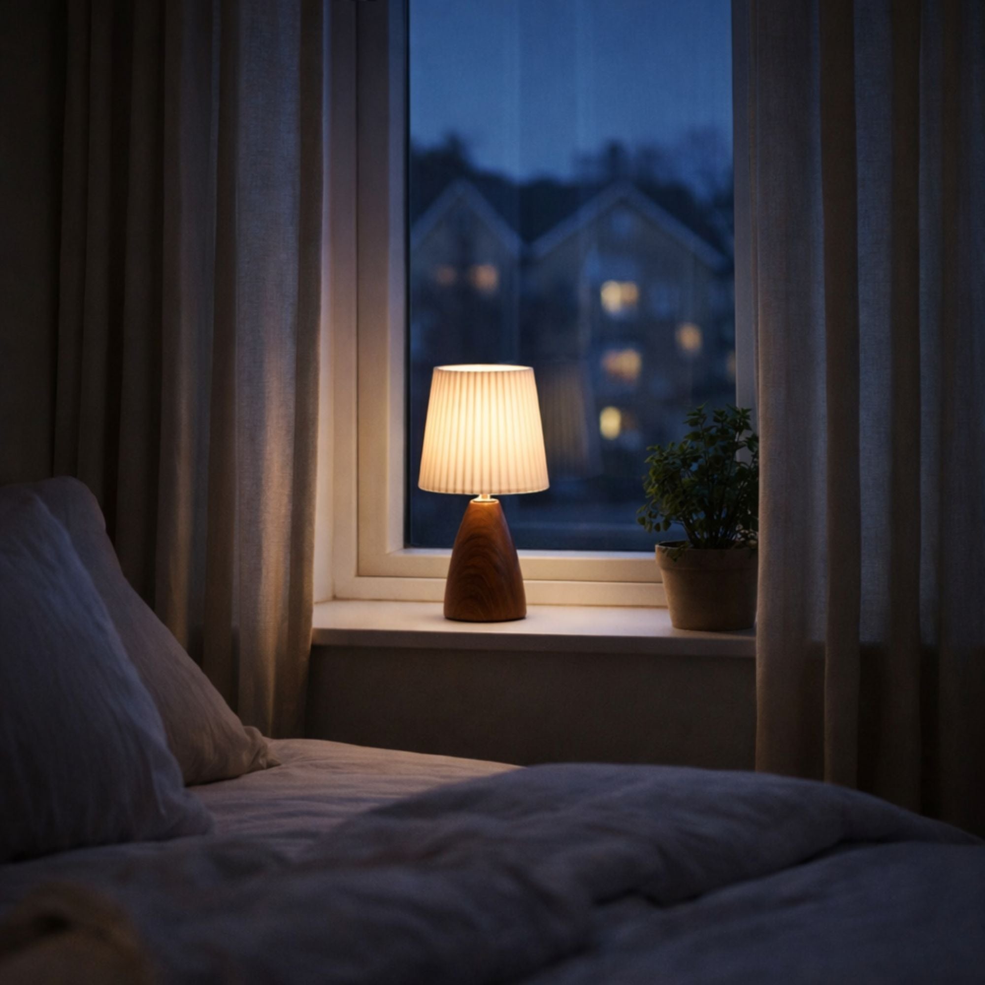bordslampa i trä med tygskärm placerad i sovrumsfönster med varmt ljus på kvällen