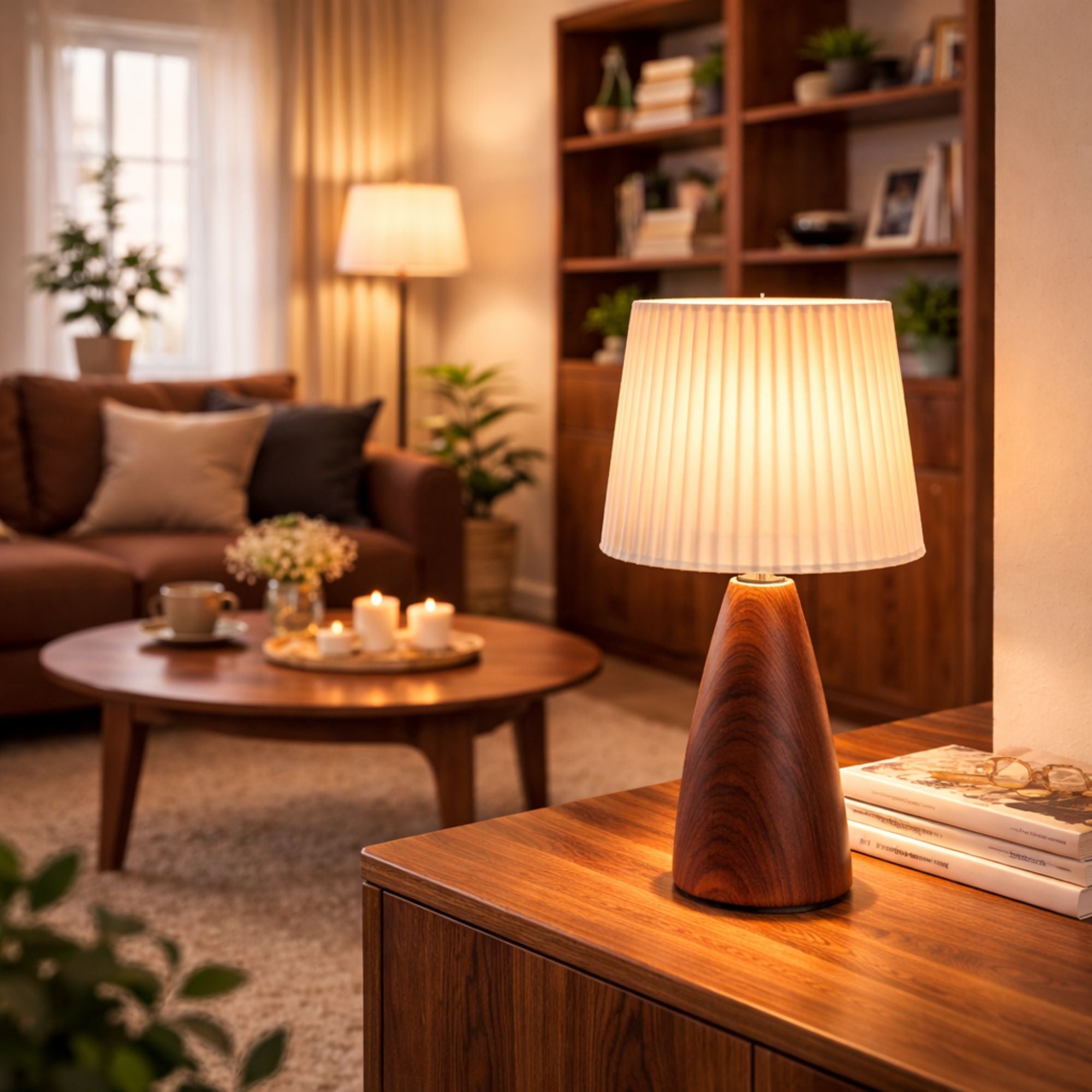 bordslampa i trä med tygskärm i modernt vardagsrum som ger ett varmt och stämningsfullt ljus