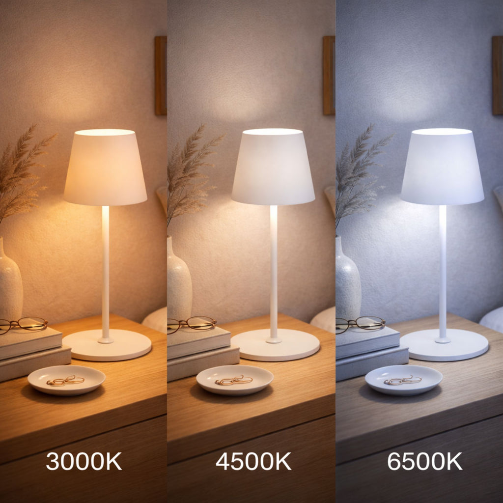 Vit LED bordslampa uppladdningsbar via USB med touchkontroll, steglös dimning och tre ljusfärger (3000K 4500K 6500K) vid sängbord