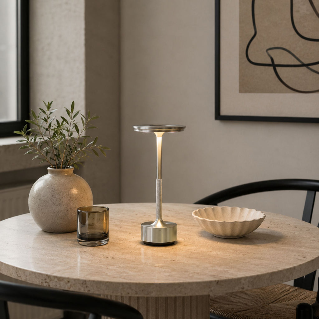 Uppladdningsbar LED-bordslampa i borstad silverfinish på runt matbord i modern skandinavisk inredning.