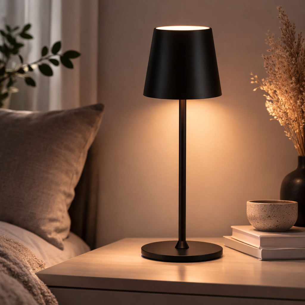 Svart uppladdningsbar LED bordslampa på sängbord i modern skandinavisk sovrumsinredning med varmt stämningsljus