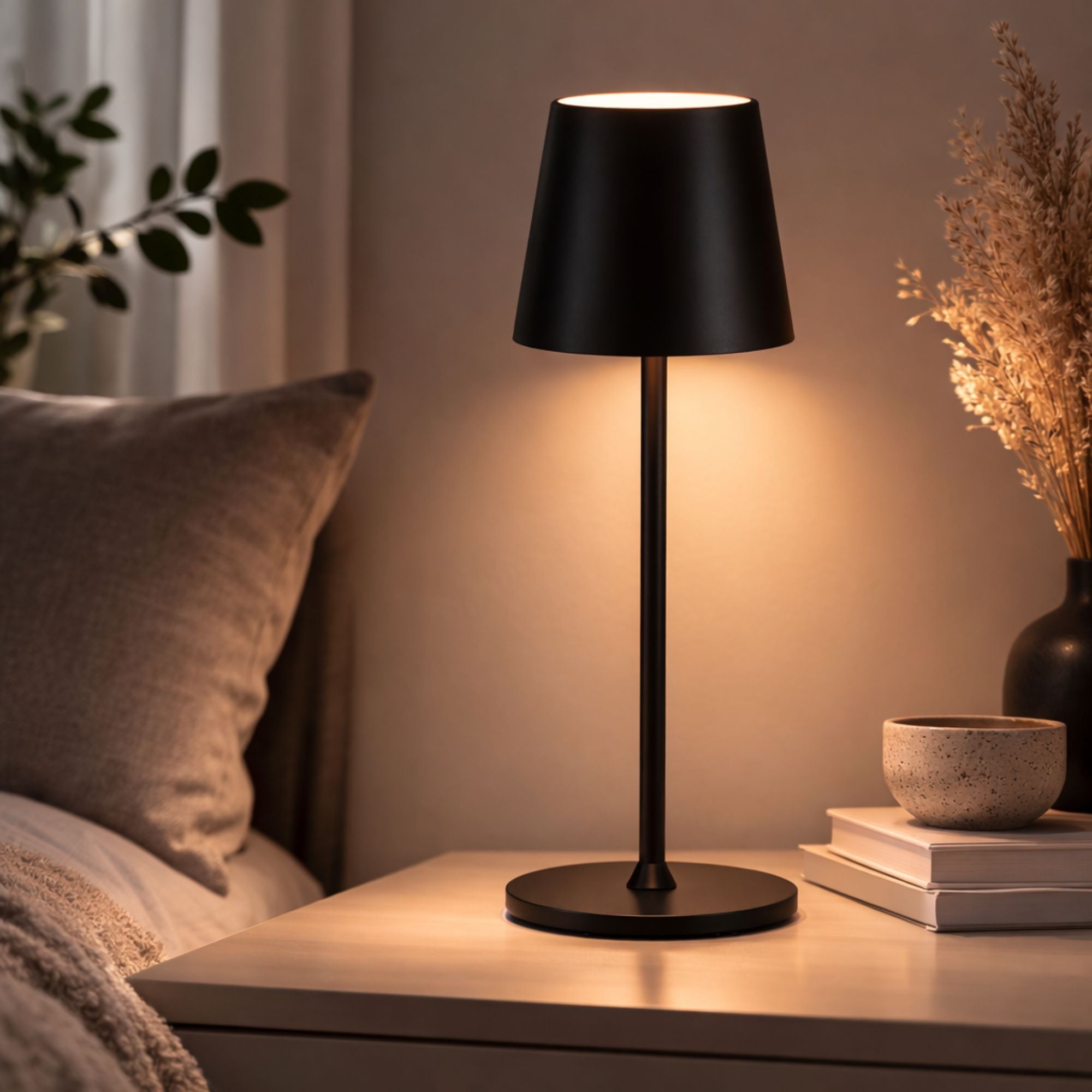 Svart uppladdningsbar LED bordslampa på sängbord i modern skandinavisk sovrumsinredning med varmt stämningsljus