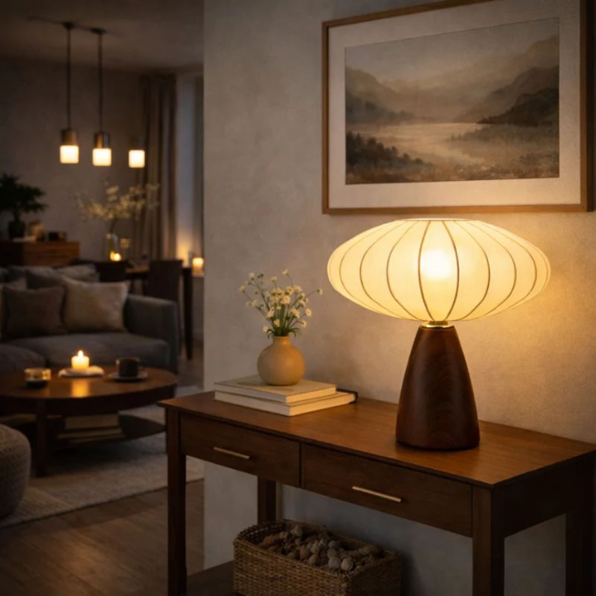 Bordslampa i trä med rund skärm på sideboard i vardagsrum med varm och stämningsfull kvällsbelysning