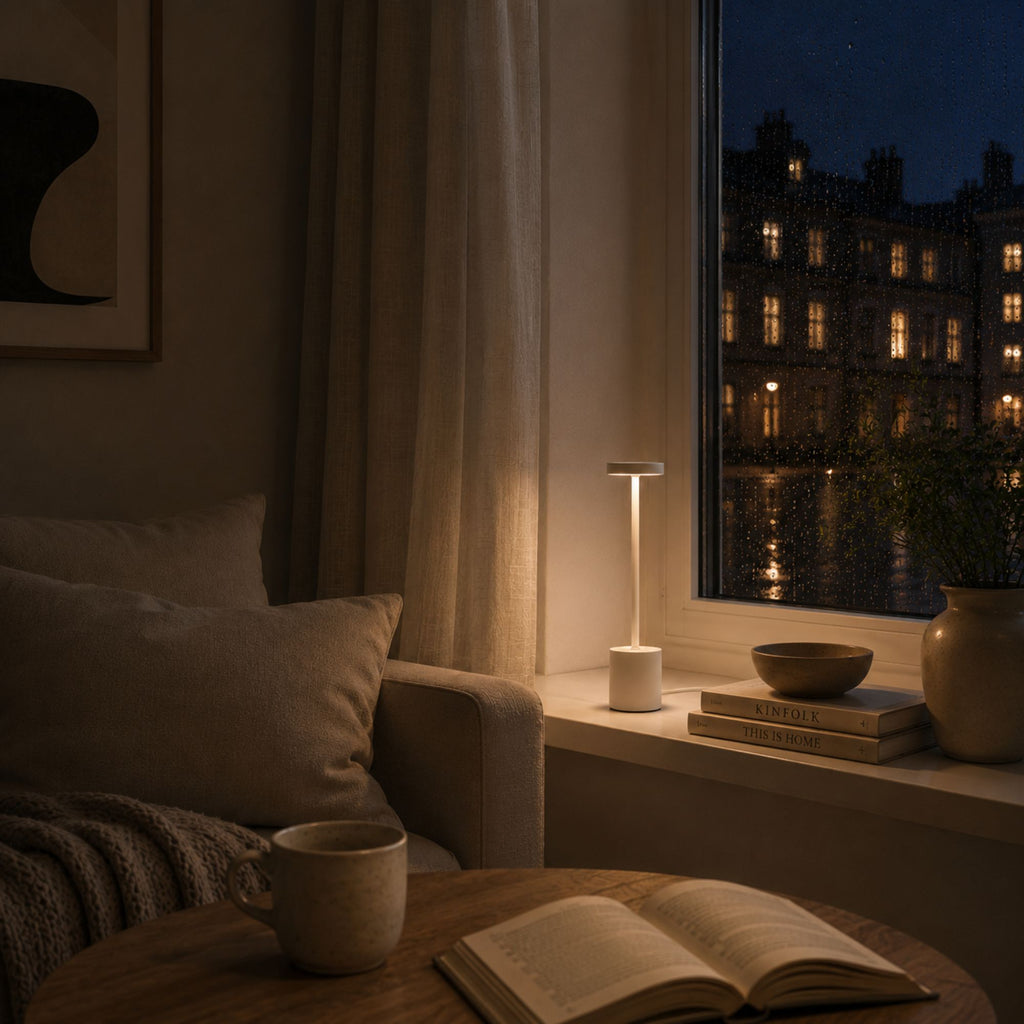 Vit uppladdningsbar LED-bordslampa i ett skandinaviskt vardagsrum med varm kvällsbelysning, böcker och modern minimalistisk inredning.