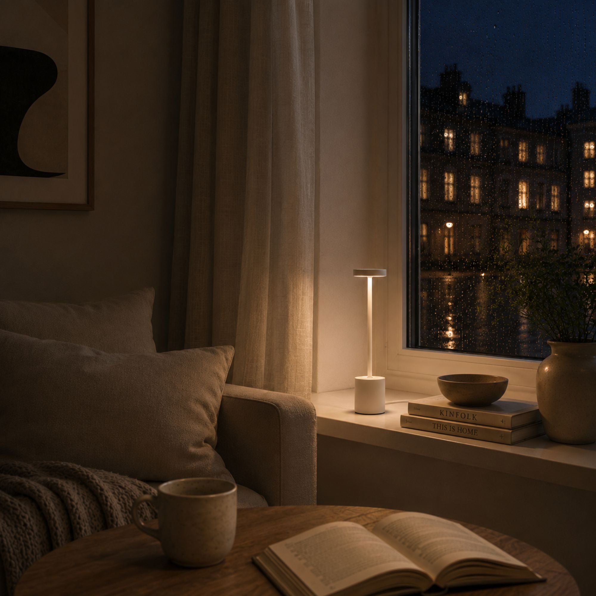 Vit uppladdningsbar LED-bordslampa i ett skandinaviskt vardagsrum med varm kvällsbelysning, böcker och modern minimalistisk inredning.