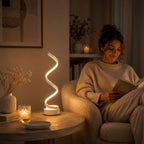 Modern vit spiralformad LED-bordslampa med varm stämningsfull belysning bredvid en kvinna som läser i en mysig och stilren kvällsmiljö med modern skandinavisk heminredning.