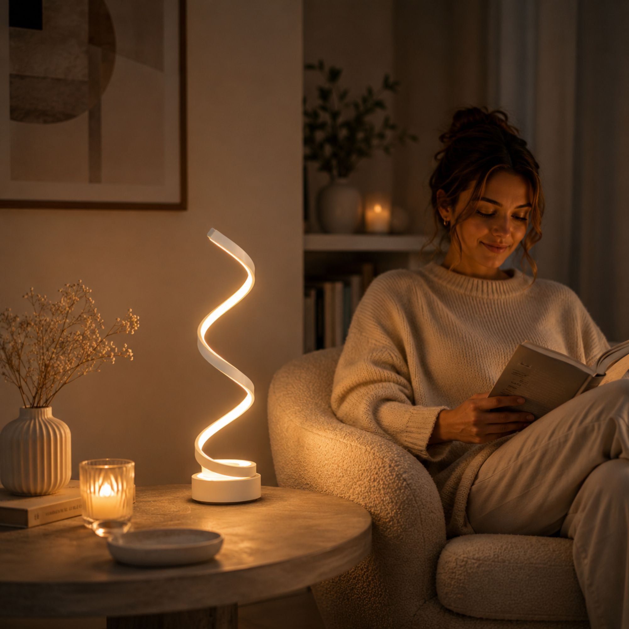Modern vit spiralformad LED-bordslampa med varm stämningsfull belysning bredvid en kvinna som läser i en mysig och stilren kvällsmiljö med modern skandinavisk heminredning.