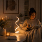 Modern vit spiralformad LED-bordslampa med varm mjuk belysning i ett mysigt vardagsrum.