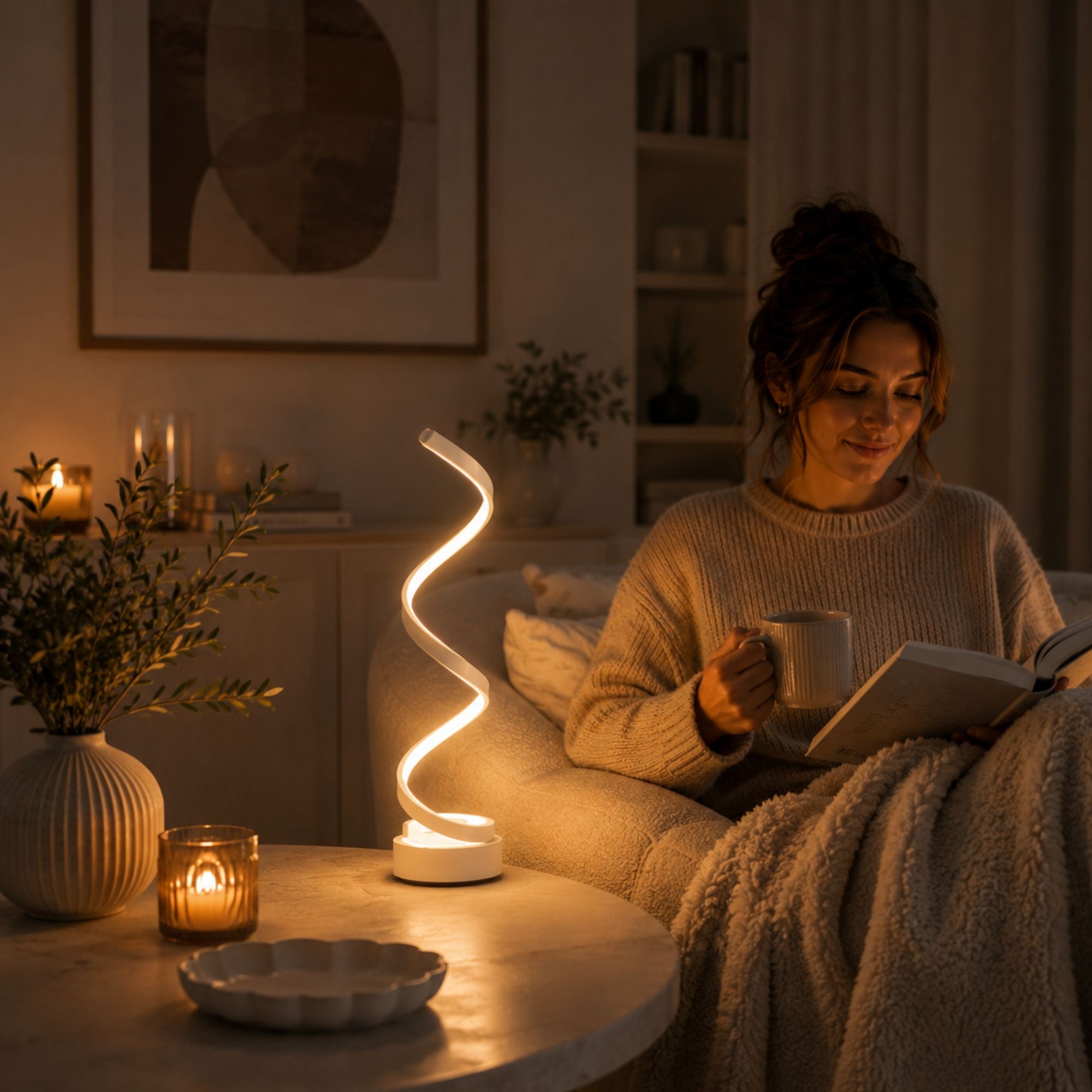 Modern vit spiralformad LED-bordslampa med varm mjuk belysning i ett mysigt vardagsrum.
