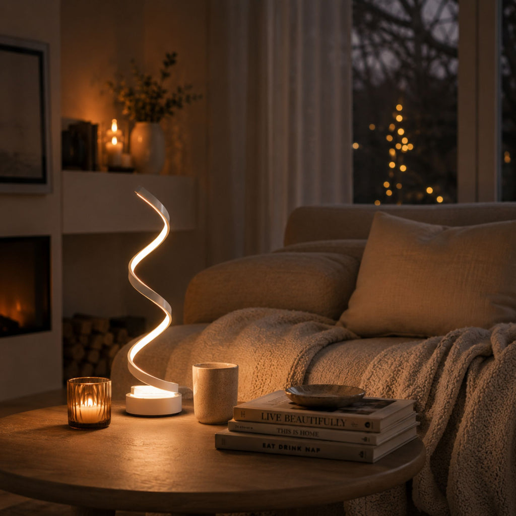 Modern vit spiralformad LED-bordslampa med varm mjuk belysning på soffbord i ett mysigt Pinterest-inspirerat vardagsrum med levande ljus, mjuka textilier och avslappnande kvällskänsla.