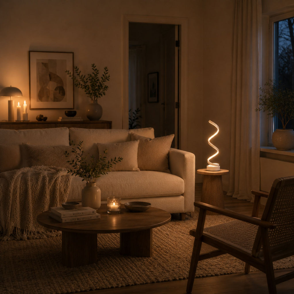 Modern vit spiralformad LED-bordslampa med varm mjuk belysning i ett Pinterest-inspirerat vardagsrum med lugn skandinavisk inredning, mjuka textilier och avslappnande kvällskänsla.