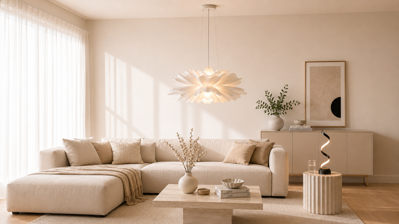 Modern skandinavisk inredning med dekorativ taklampa och designad bordslampa i ljust vardagsrum.