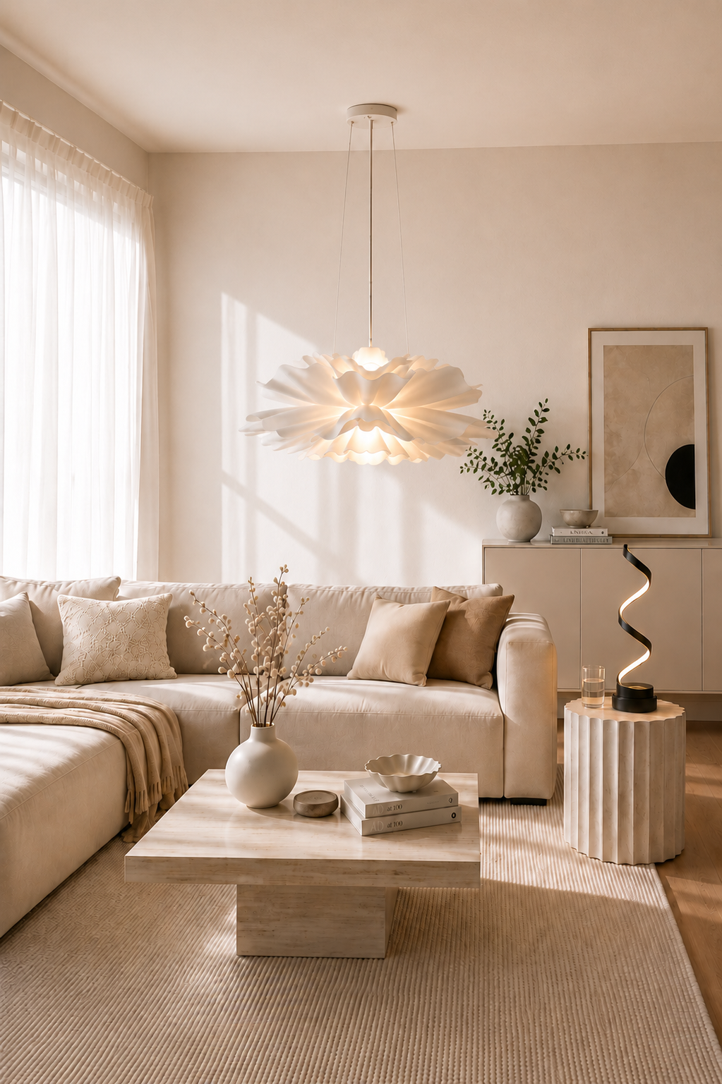 Modern skandinavisk inredning med dekorativ taklampa och designad bordslampa i ljust vardagsrum.
