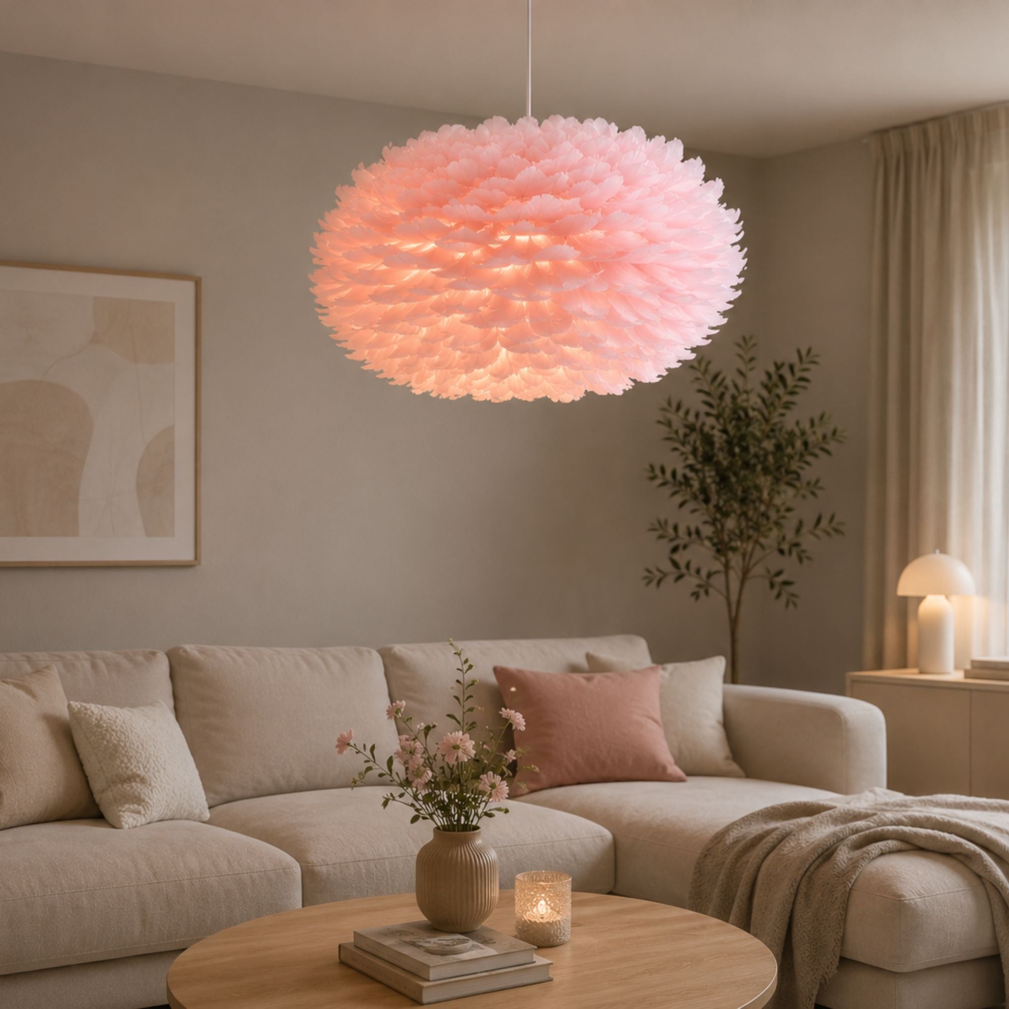 Rosa fjäderlampa över soffbord i ett modernt vardagsrum med skandinavisk inredning.