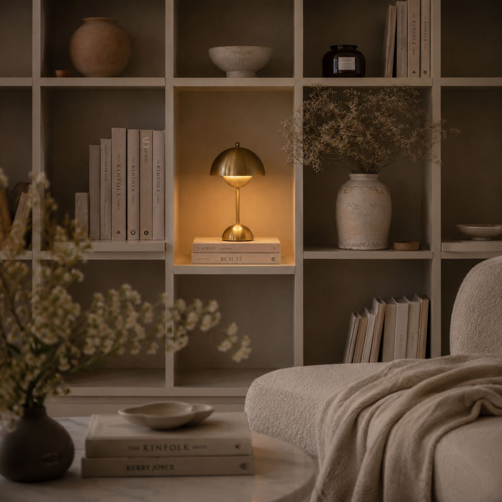 Portabel bordslampa i guld placerad i bokhylla med stilren skandinavisk inredning.