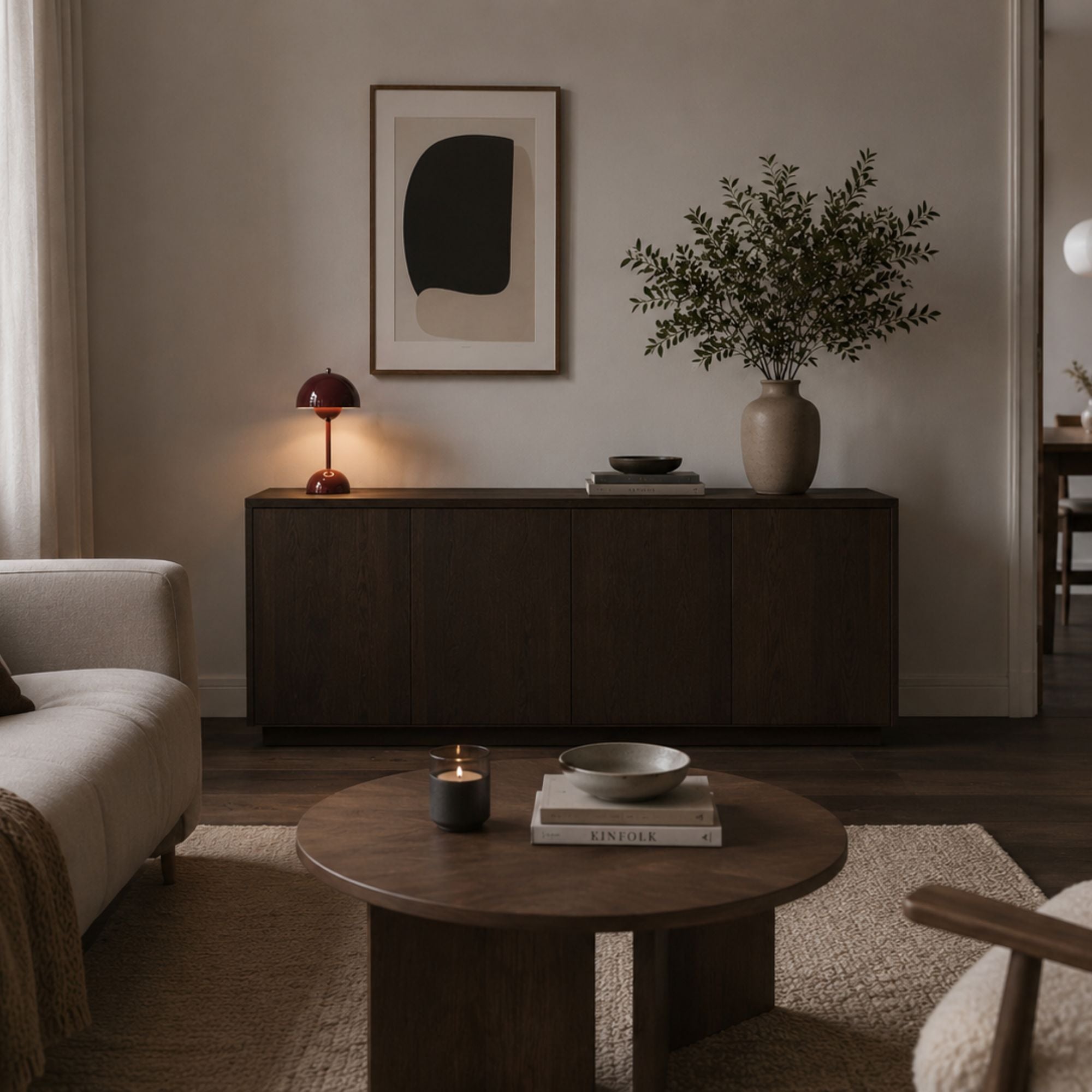 Flowerbud portabel bordslampa i modernt vardagsrum med mörk ek.