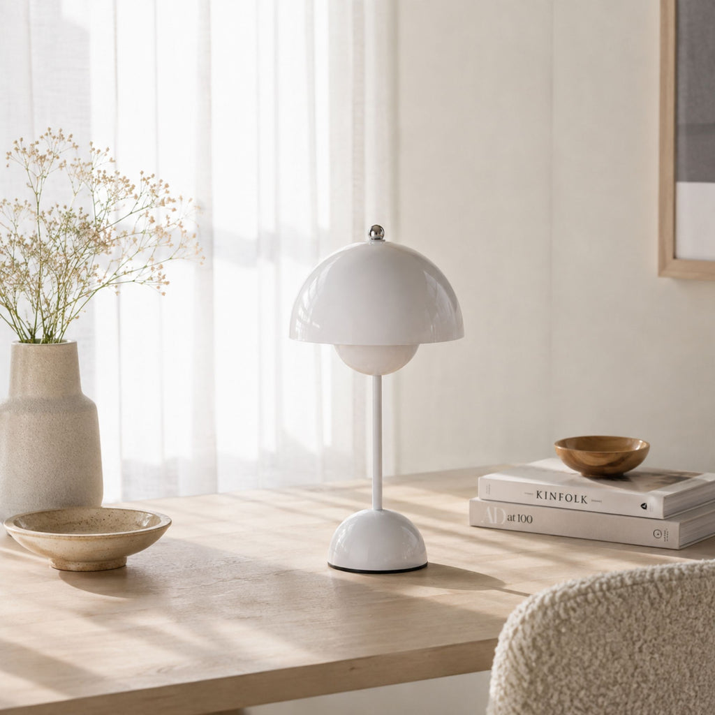 Flowerbud portabel bordslampa på sidobord intill fönster i vardagsrum.
