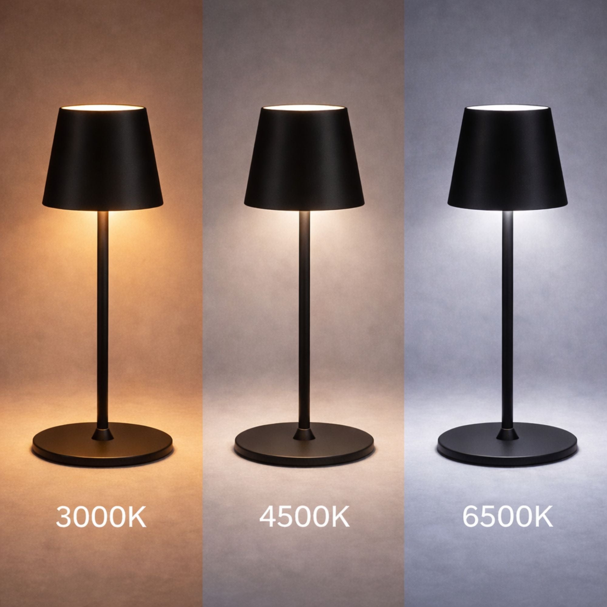 Svart LED bordslampa uppladdningsbar via USB med touchkontroll, steglös dimning och tre ljusfärger (3000K 4500K 6500K) i studio