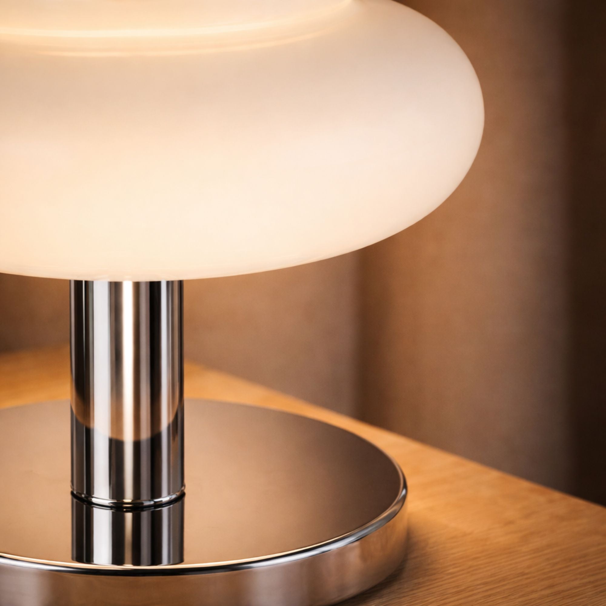 Detaljbild av modern bordslampa med opalglas skärm och kromfot