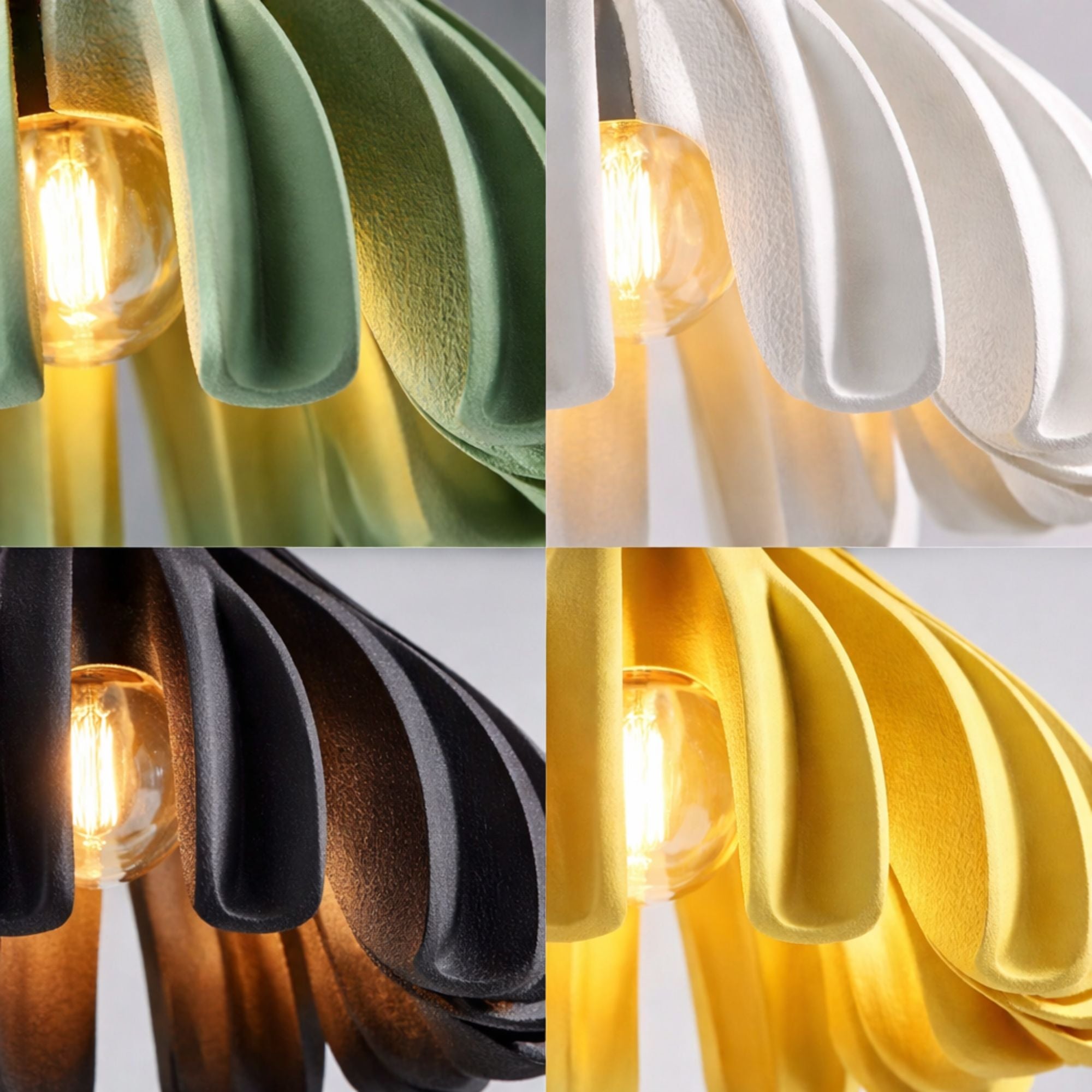 Närbild av modern pendellampa som visar detaljer, material och varm belysning i flera färger.