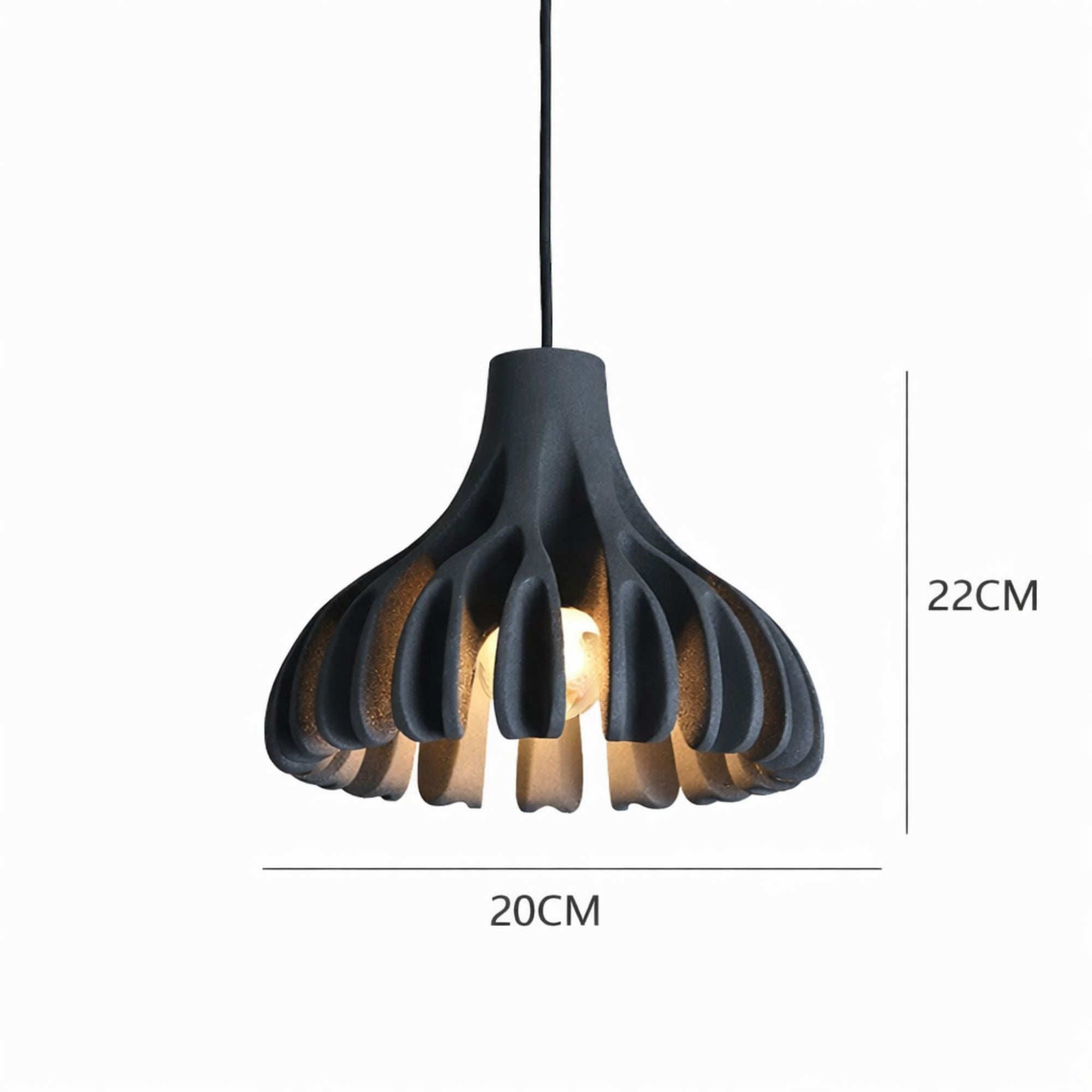 Modern grå pendellampa med tydliga mått som visar storlek och dimensioner för enkel planering.
