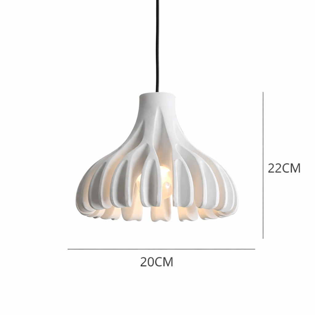 Modern vit pendellampa med tydliga mått som visar storlek och dimensioner för enkel planering.