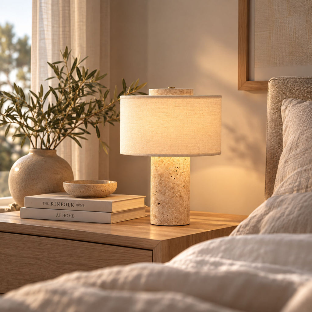 Beige marmorlampa med beige textilskärm och stilren design