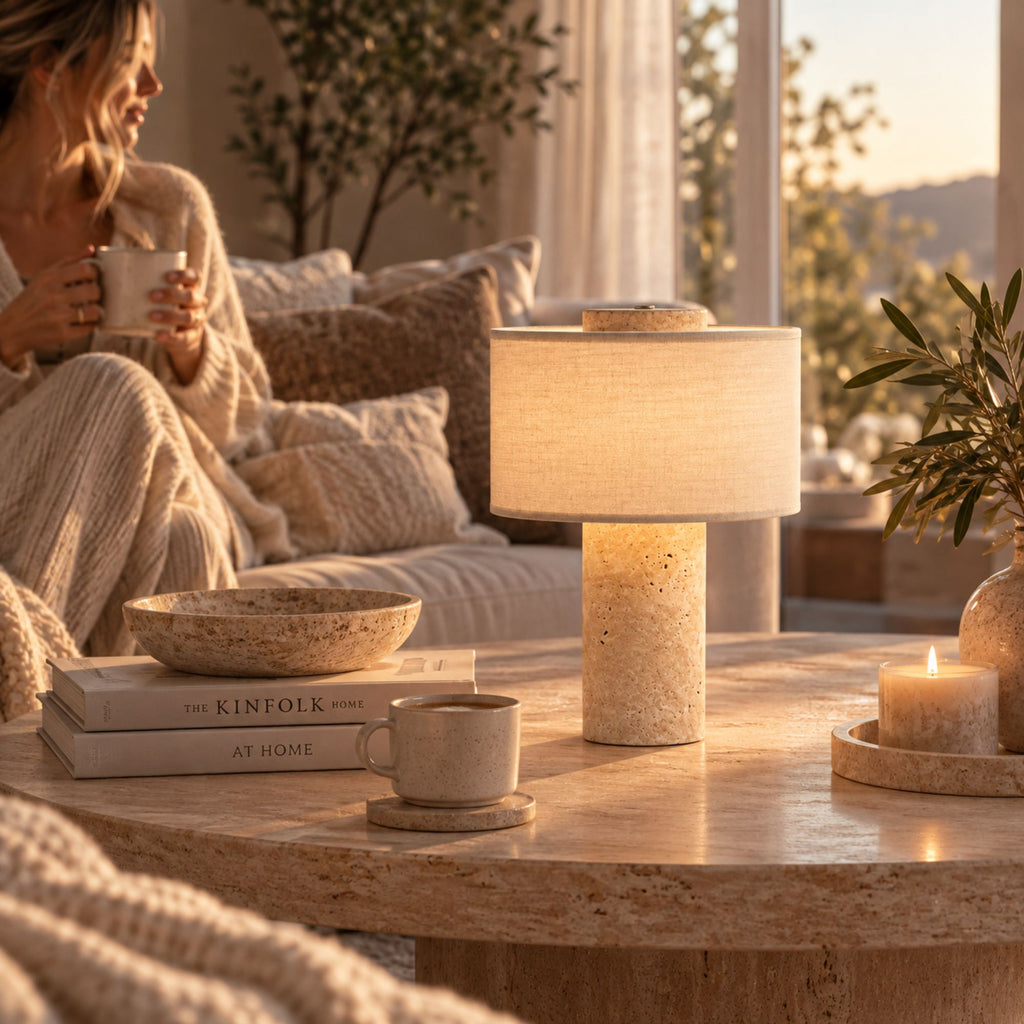 Portabel bordslampa i beige marmor på soffbord i vardagsrum