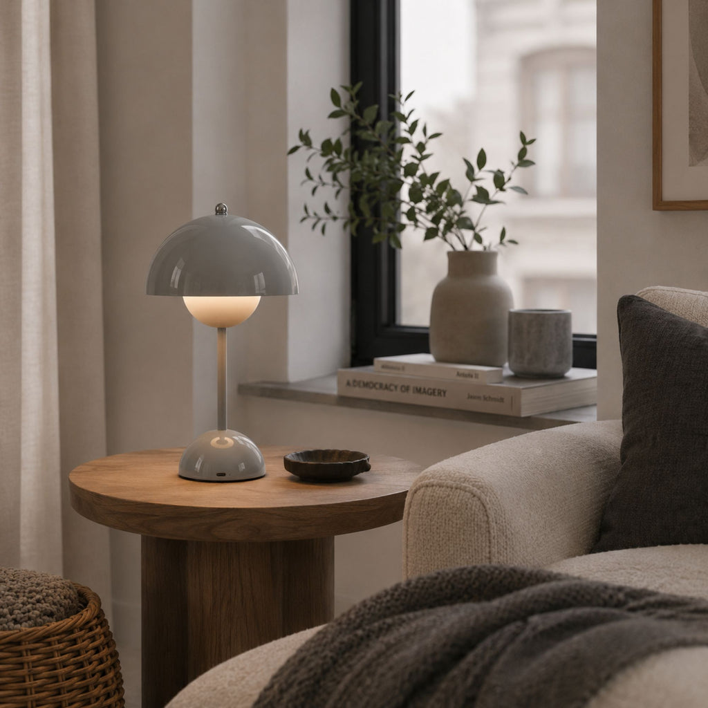 Grå portabel Flowerbud bordslampa på sidobord i modernt vardagsrum med varm stämningsbelysning