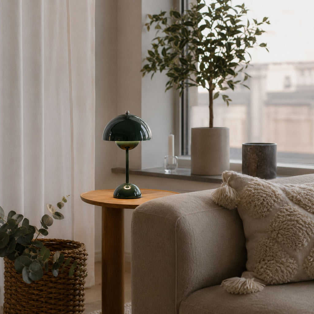 Grön portabel Flowerbud bordslampa på sidobord i modernt vardagsrum med varm stämningsbelysning