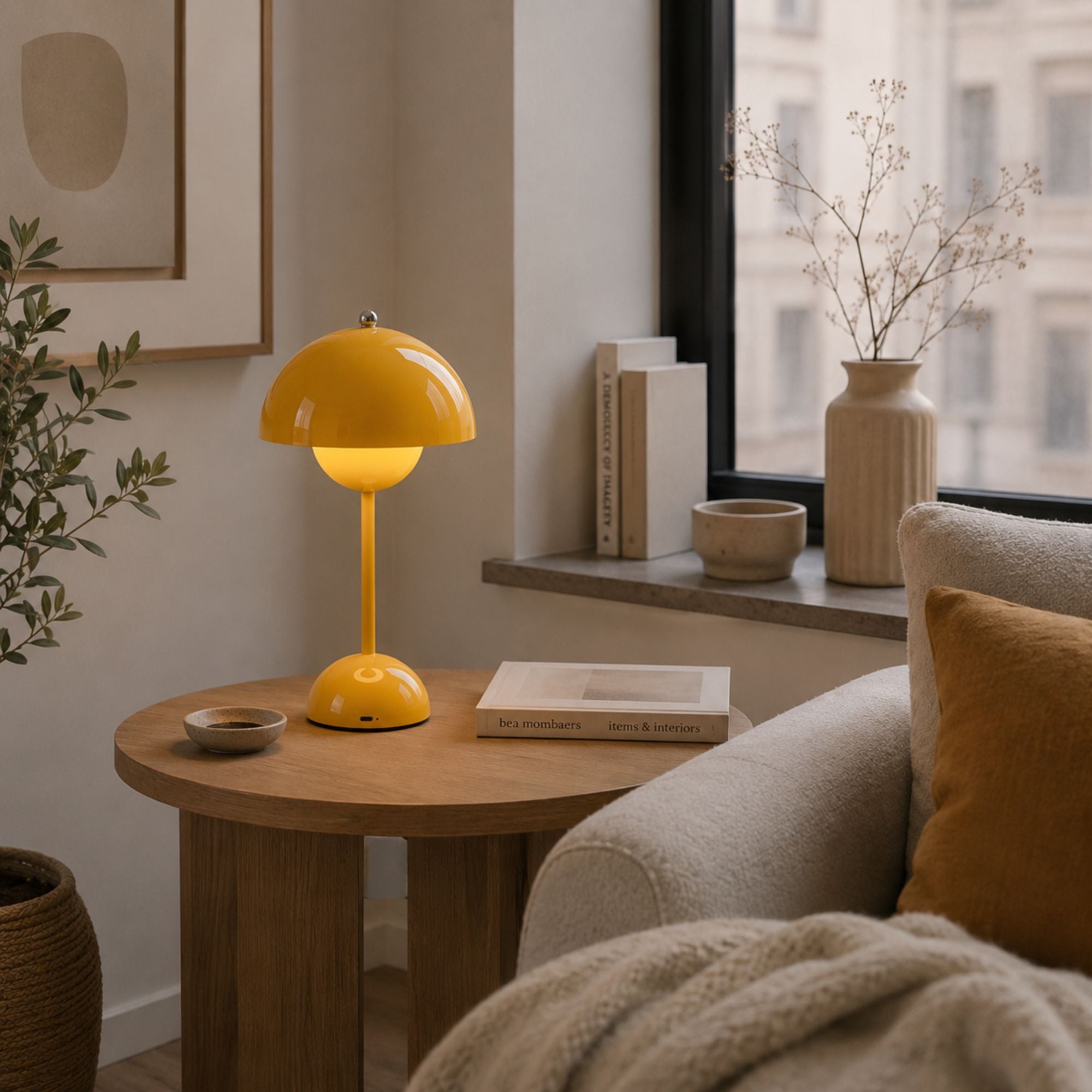 Guld portabel Flowerbud bordslampa på sidobord i modernt vardagsrum med varm stämningsbelysning