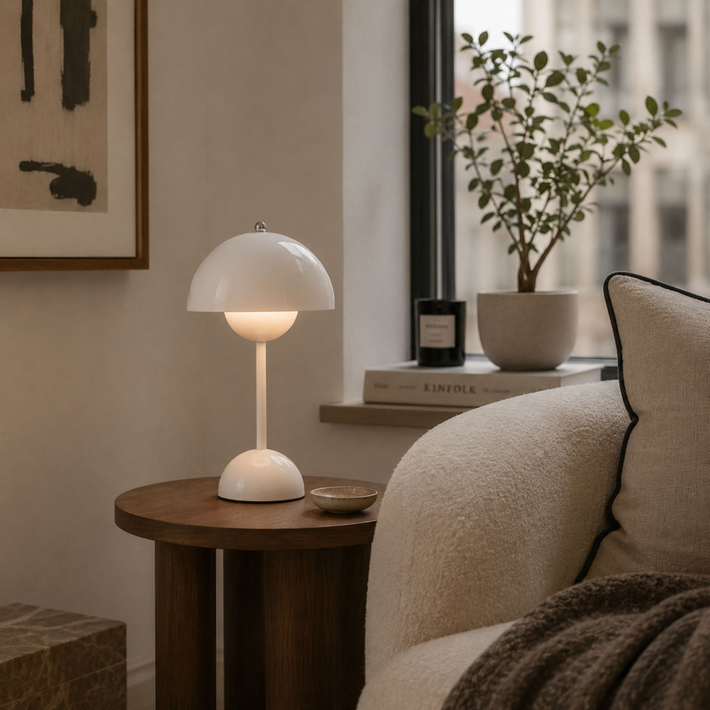Vit portabel Flowerbud bordslampa på sidobord i modernt vardagsrum med varm stämningsbelysning