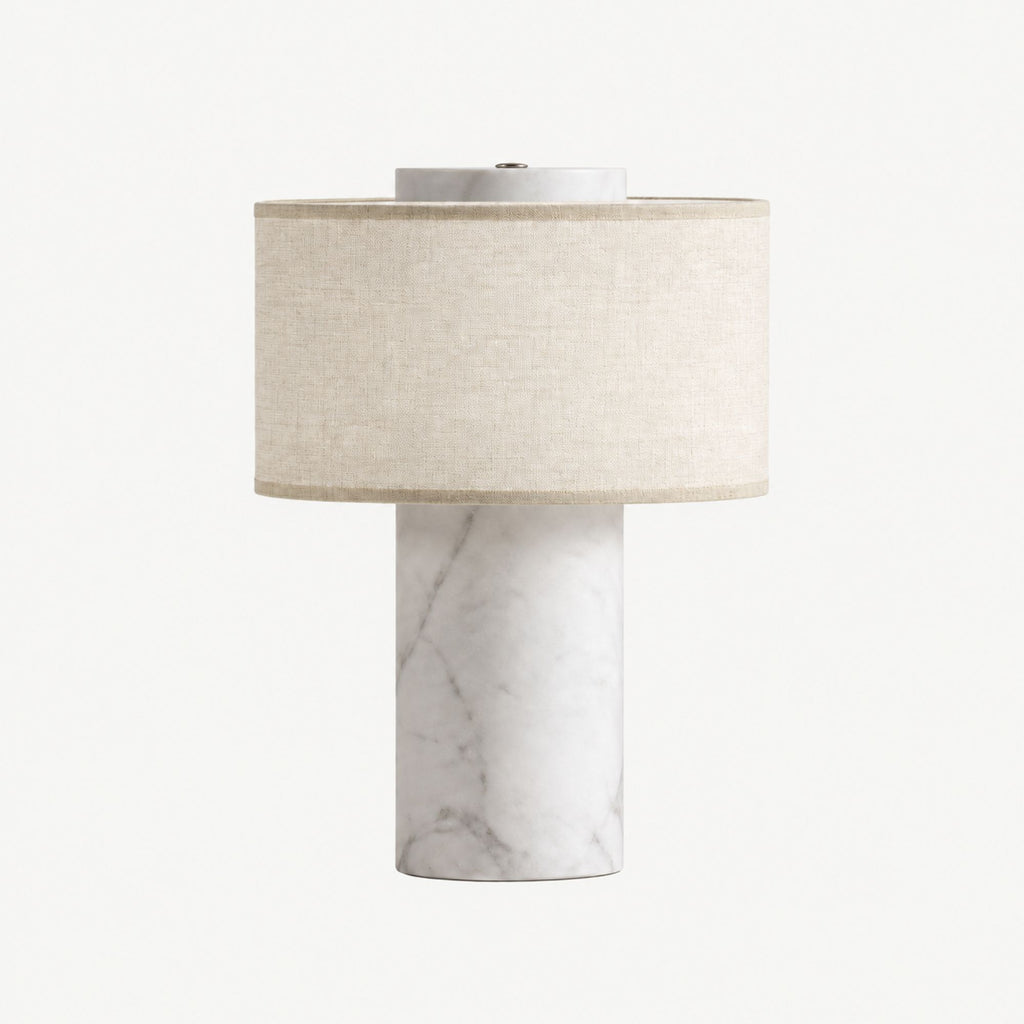 Portabel bordslampa i vit marmor med textilskärm